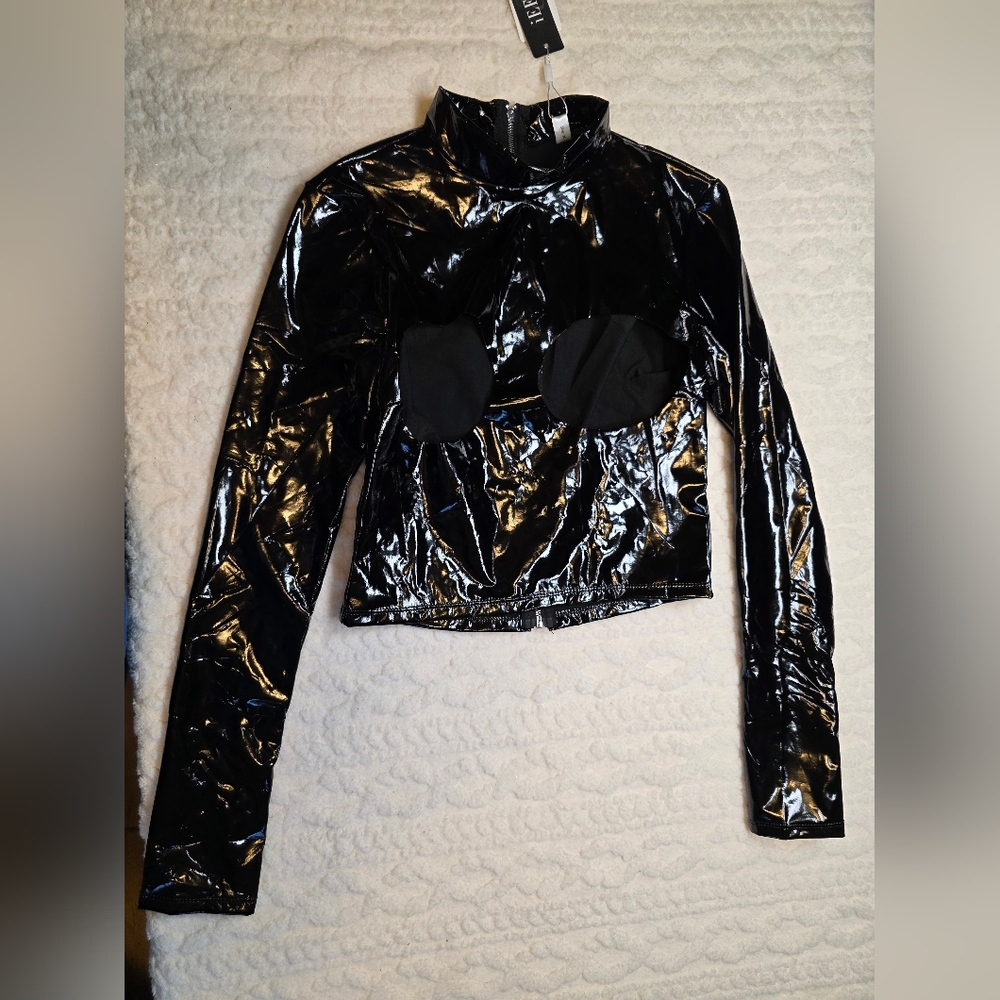 iEFiEL Black Patent Look Cutout Zip Front Long Sleeve Top M NWT